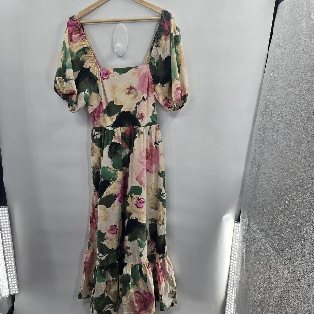 Express Cream Floral Watercolor Off Shoulder Puff Sleeve Maxi Dress Size Medium - Picture 2 of 16